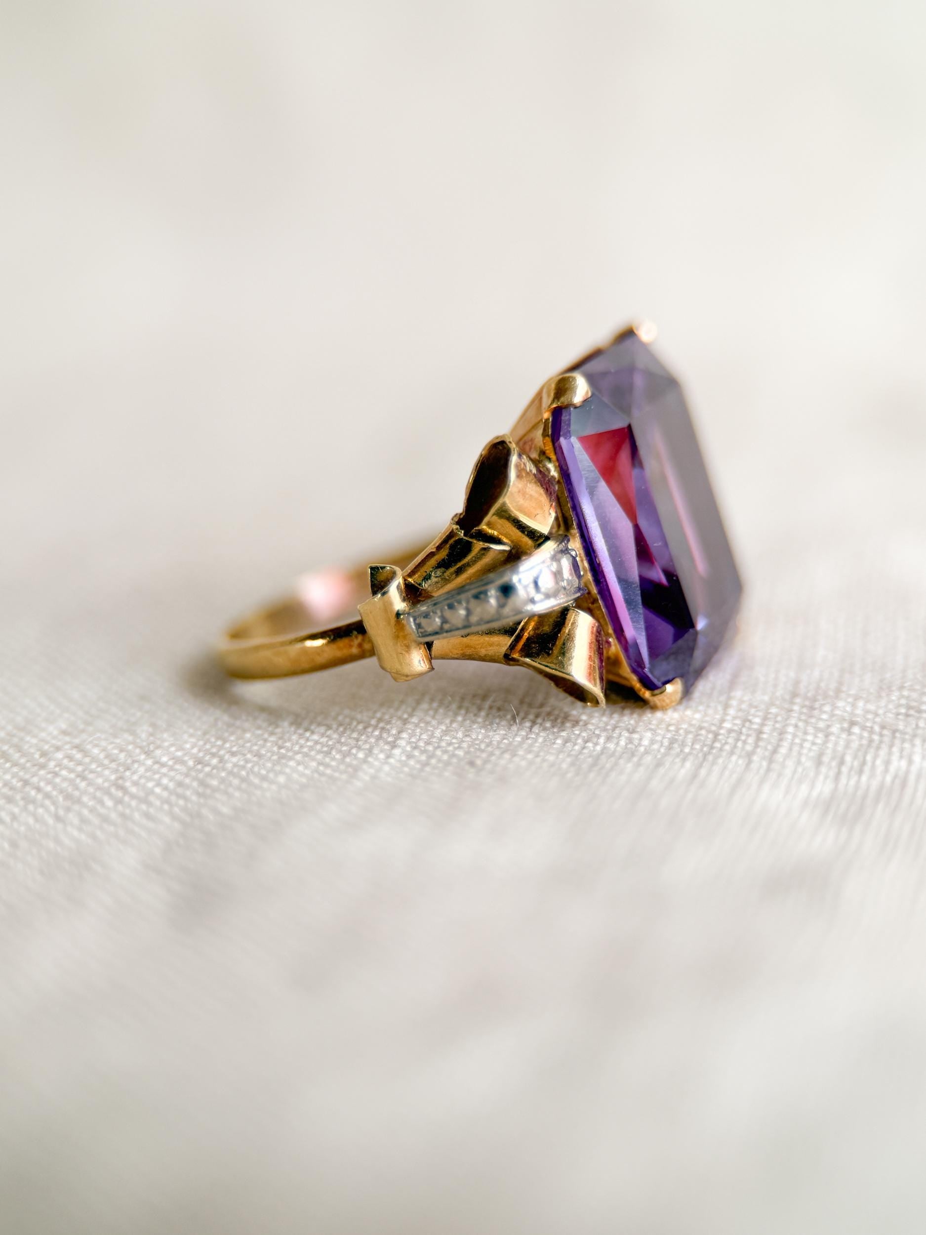 Vintage 1930s Emerald Cut Purple Sapphire Ring, 14k Gold