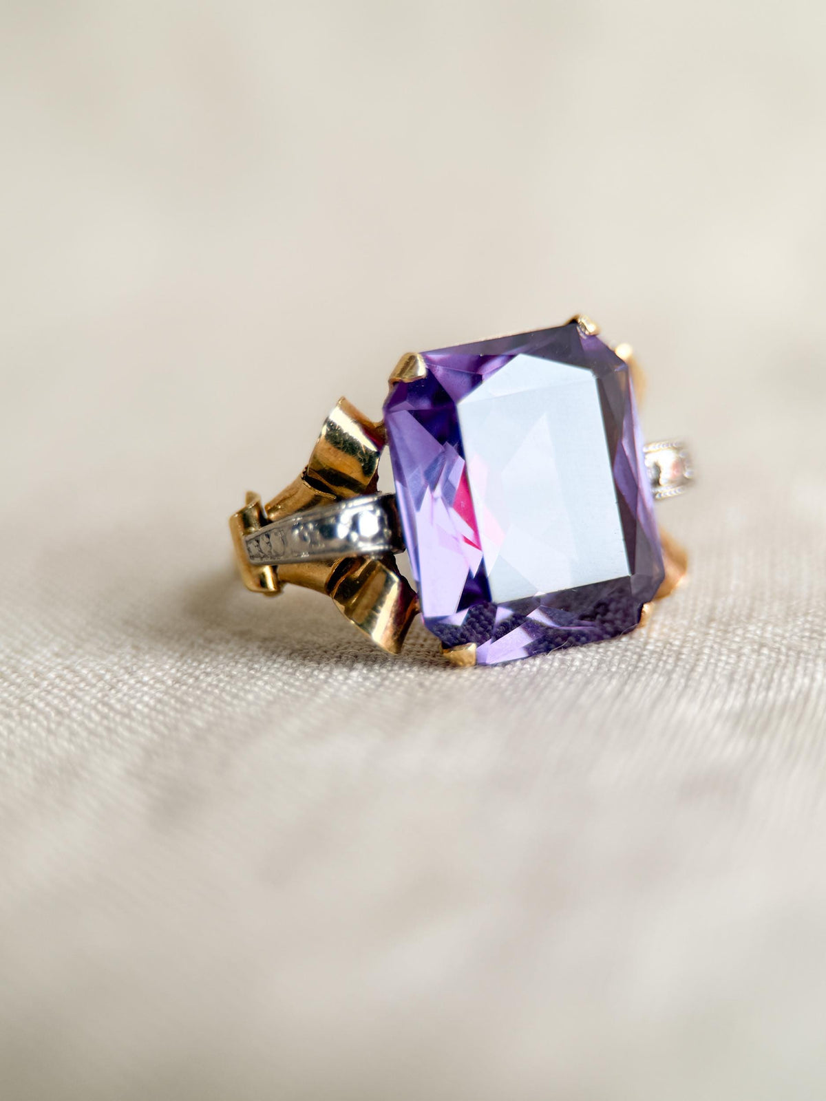 Vintage 1930s Emerald Cut Purple Sapphire Ring, 14k Gold