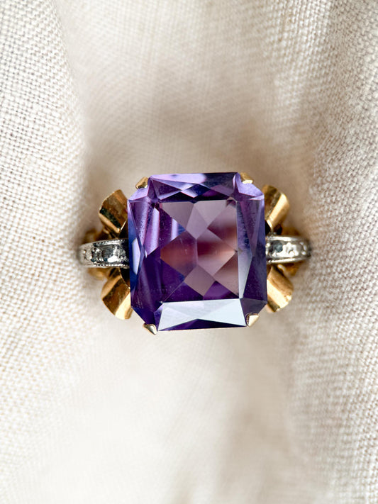 Vintage 1930s Emerald Cut Purple Sapphire Ring, 14k Gold - Timeless Sustainability • Vintage Fine Jewelry