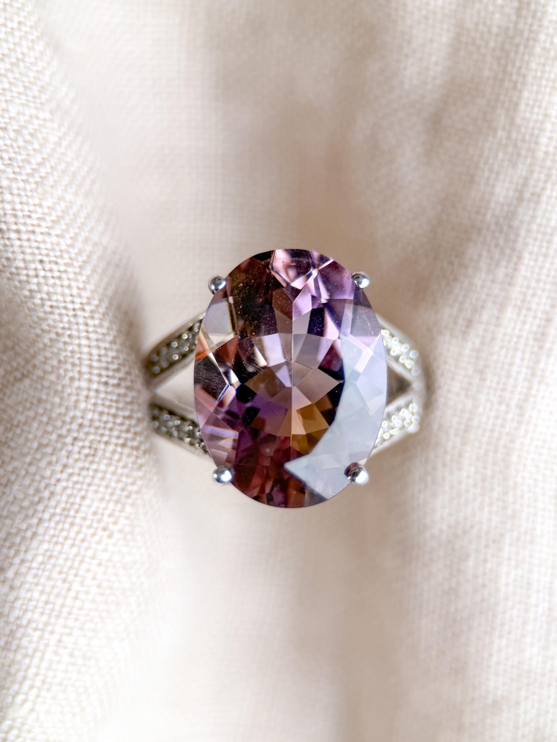 Vintage 1990s Oval Ametrine & Diamond Ring, 14k White Gold