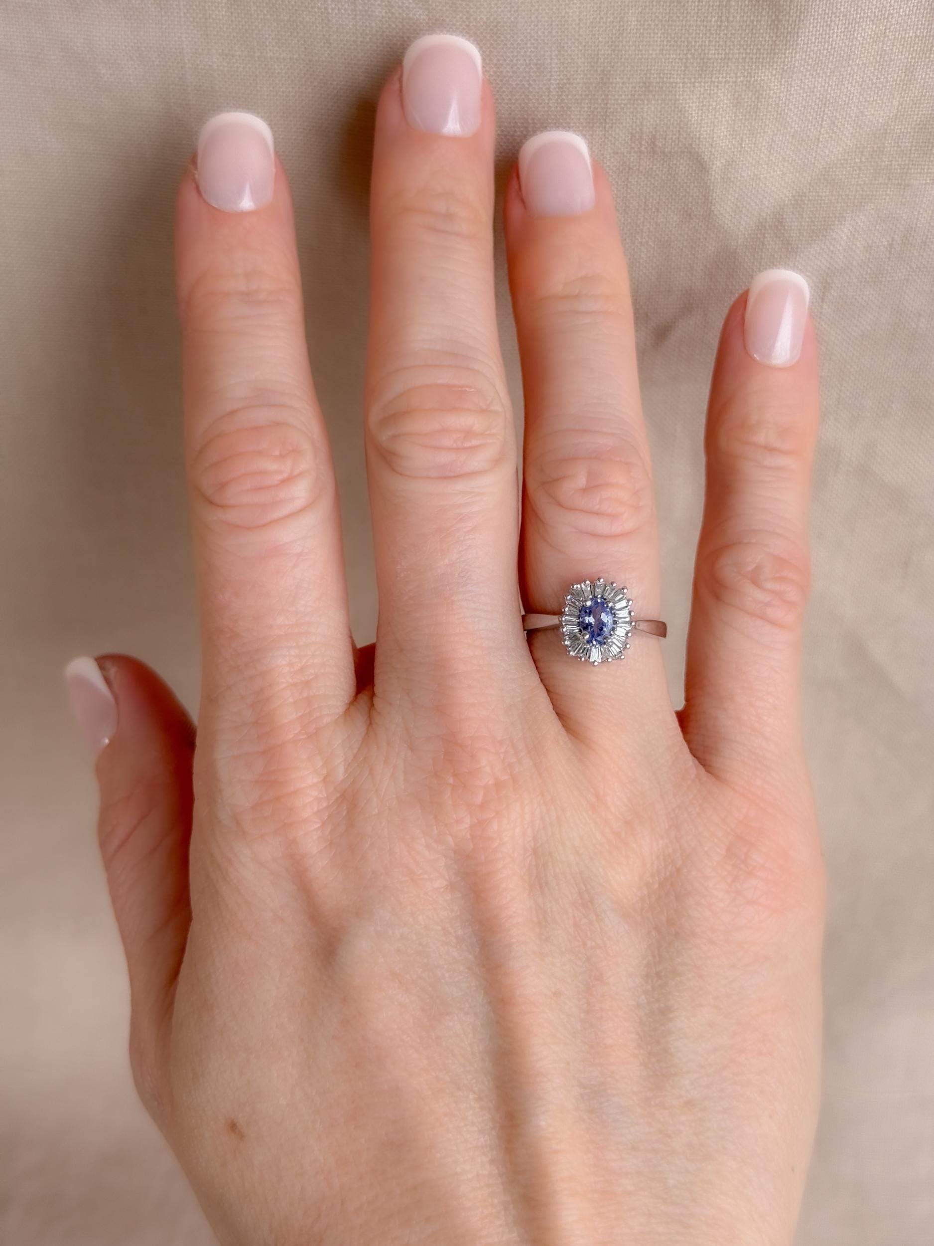 Vintage 1990s Tanzanite & Diamond Halo Ring in 14k White Gold - Timeless Sustainability • Vintage Fine Jewelry