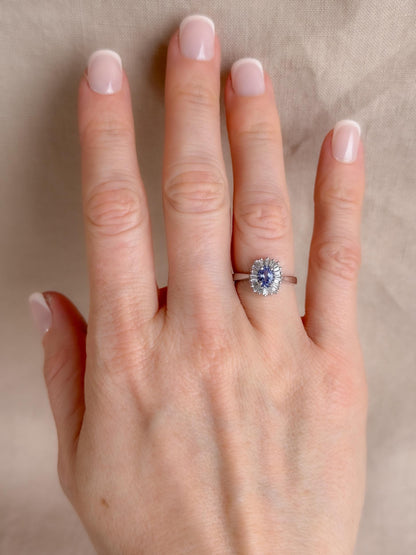 Vintage 1990s Tanzanite & Diamond Halo Ring, 14k White Gold