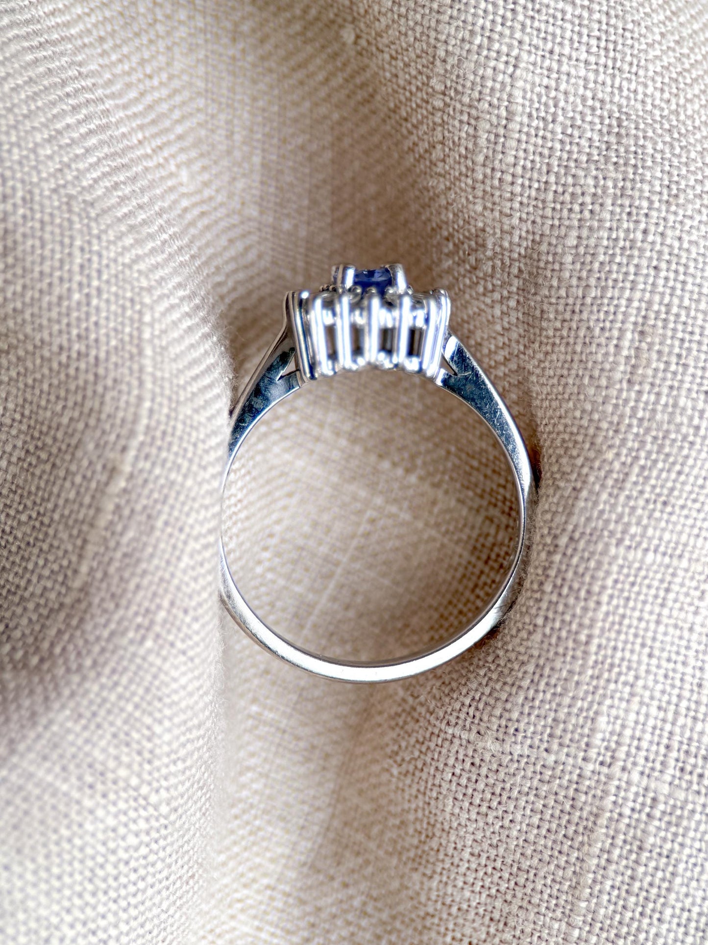 Vintage 1990s Tanzanite & Diamond Halo Ring in 14k White Gold - Timeless Sustainability • Vintage Fine Jewelry