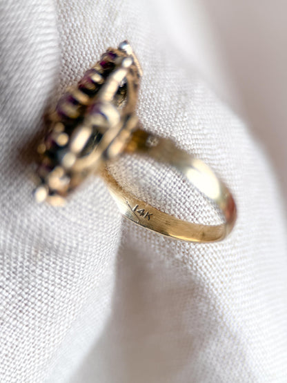 Antique 1930s Art Nouveau Ruby Ring, 14k Gold