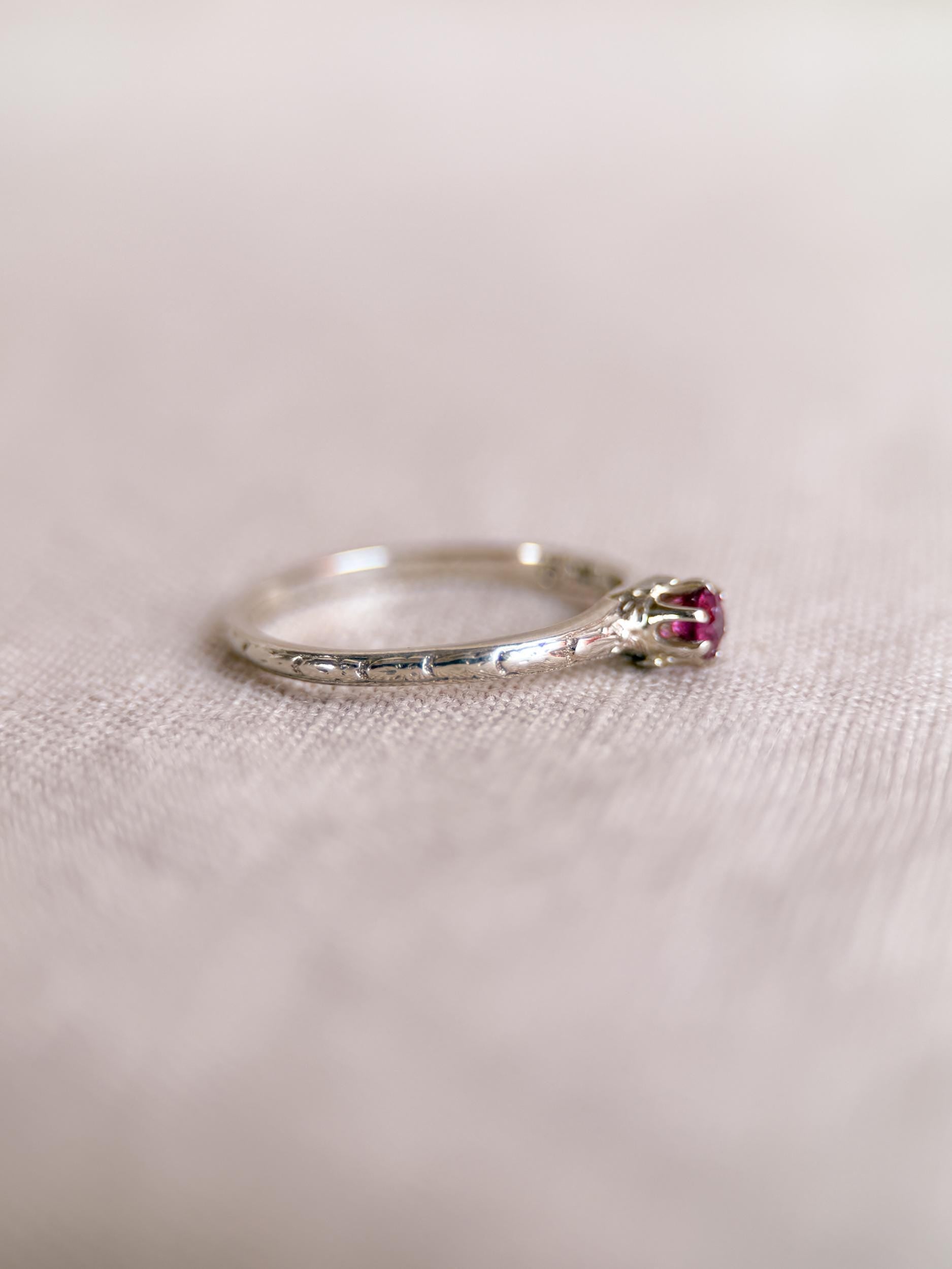 Antique 1930s Art Nouveau Ruby Ring, 14k White Gold