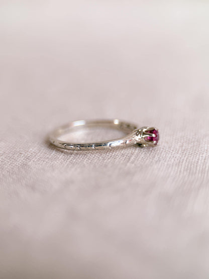 Antique 1930s Art Nouveau Ruby Ring, 14k White Gold