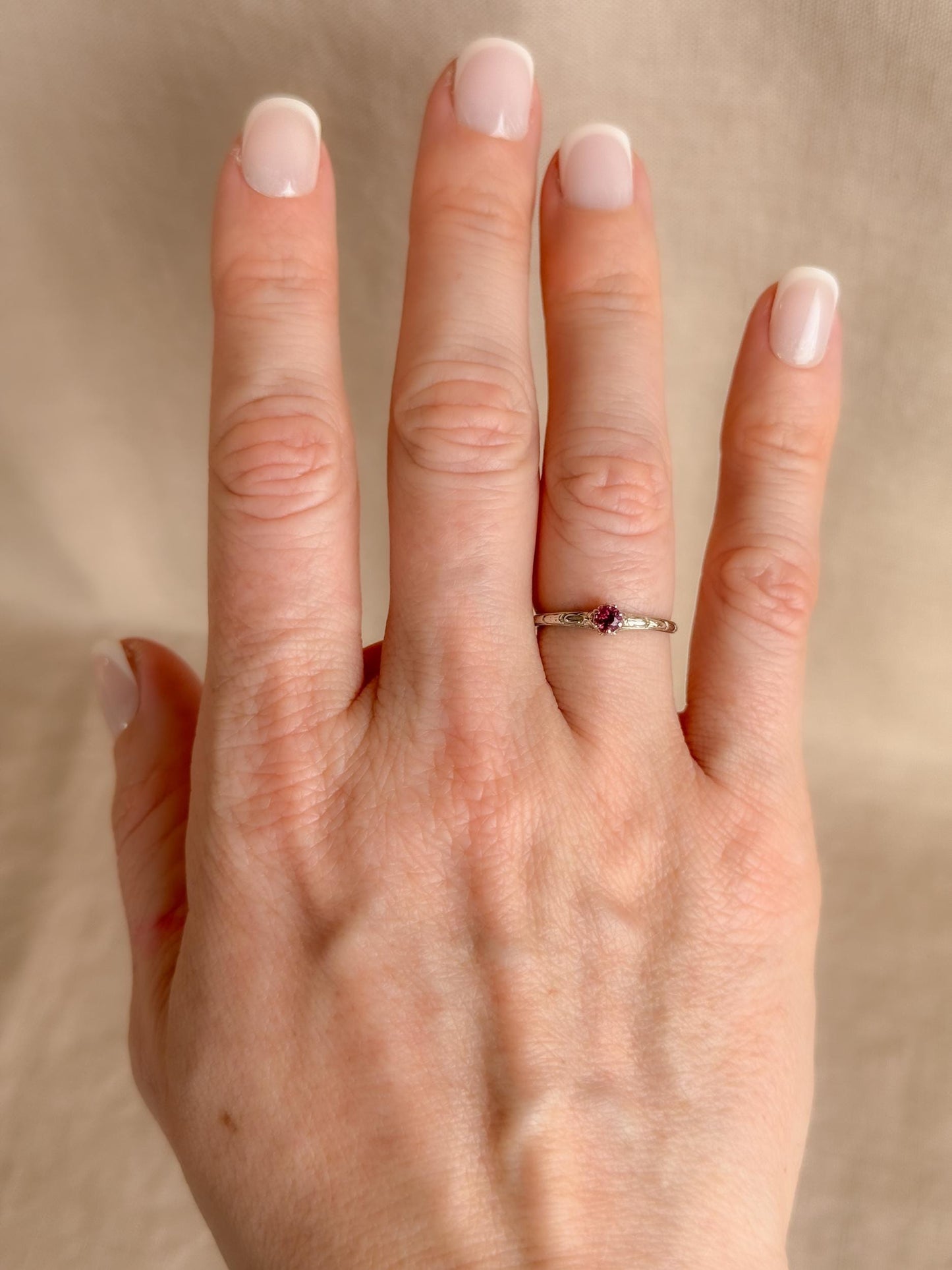 Antique 1930s Art Nouveau Ruby Ring, 14k White Gold