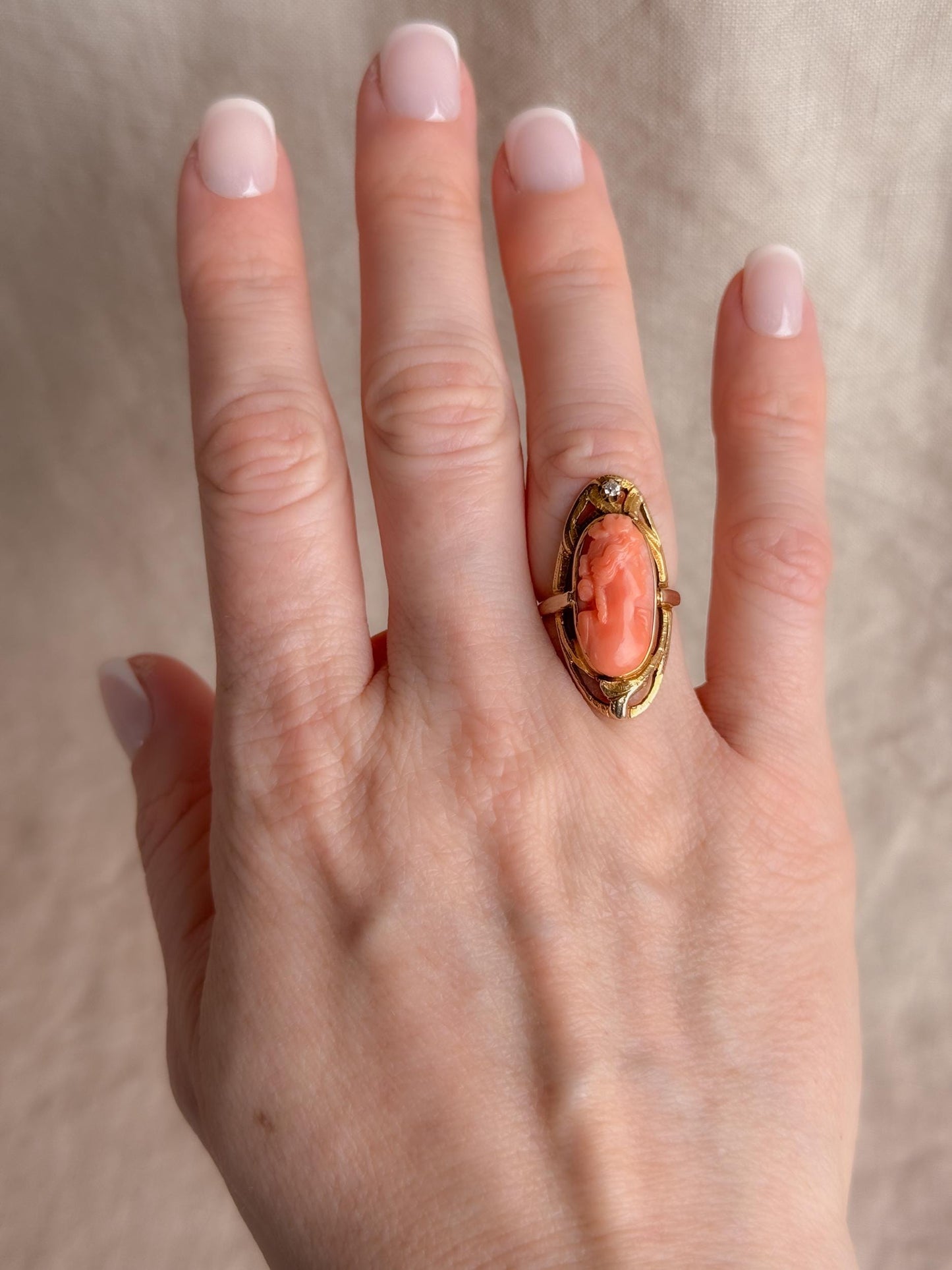 Antique 1920s Coral Cameo Ring in 10k Gold