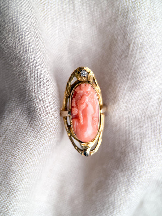 Antique 1920s Coral Cameo Ring in 10k Gold