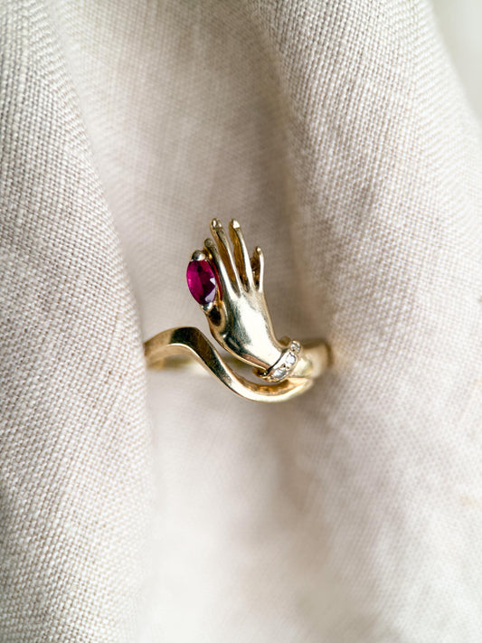 Vintage 1990s Ruby Hand Ring in 14k Gold - Timeless Sustainability • Vintage Fine Jewelry