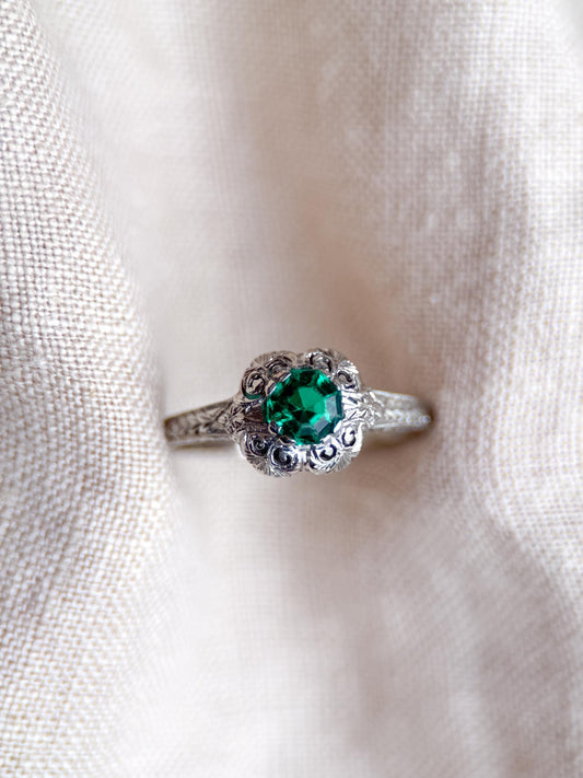 Antique 1930s Art Nouveau Emerald Ring, 18k White Gold - Timeless Sustainability • Vintage Fine Jewelry