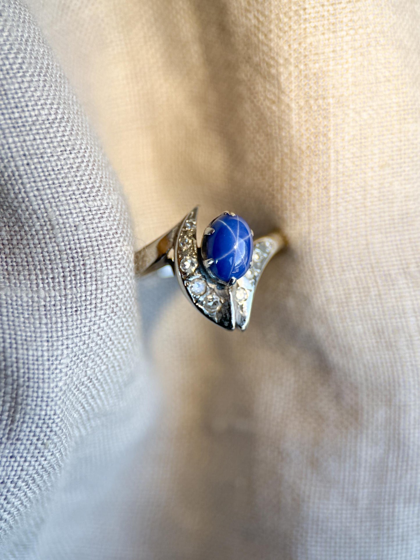 Vintage 1940s Star Sapphire & Diamond Ring, 10k White Gold
