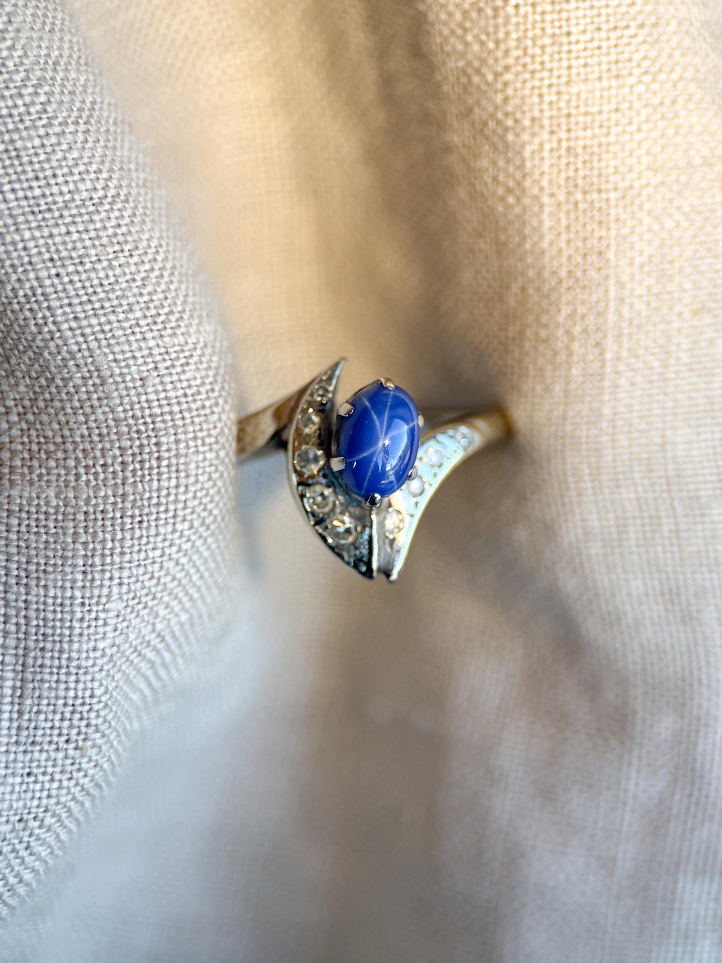 Vintage 1940s Star Sapphire & Diamond Ring, 10k White Gold