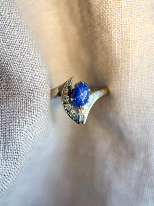 Vintage 1940s Star Sapphire & Diamond Ring, 10k White Gold - Timeless Sustainability • Vintage Fine Jewelry