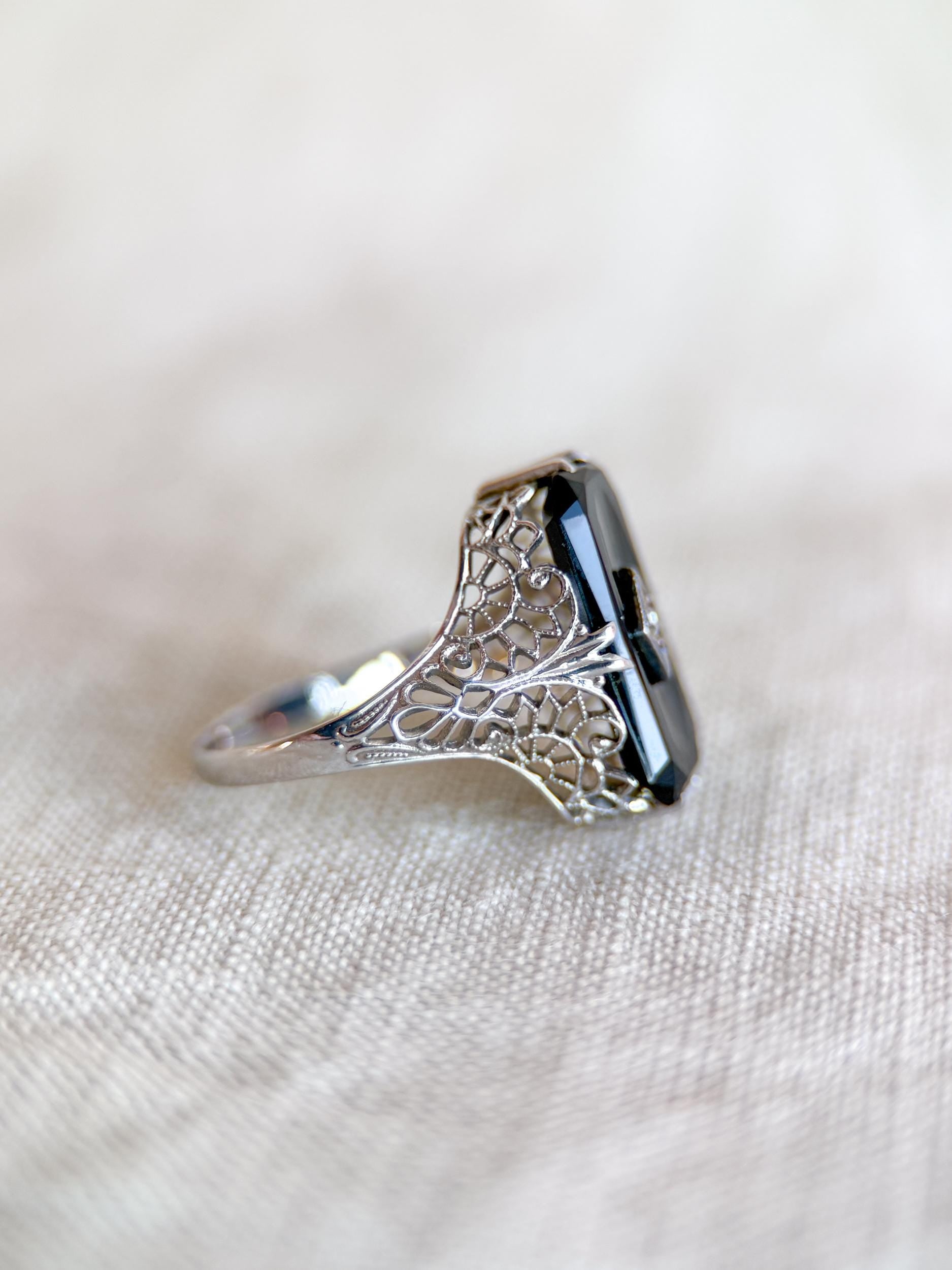 Antique 1920s Art Nouveau Onyx & Diamond Ring - Timeless Sustainability • Vintage Fine Jewelry