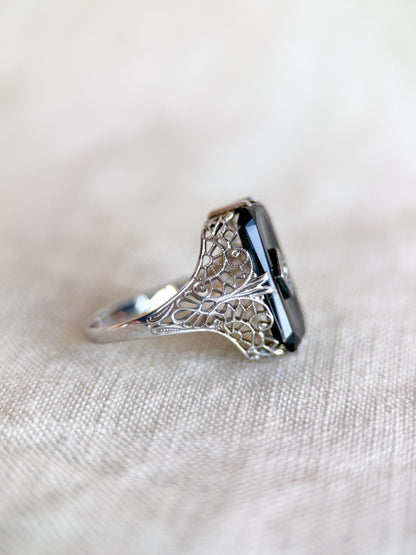 Antique 1920s Art Nouveau Onyx & Diamond Engagement Ring, 14k White Gold • One-of-a-kind Jewelry