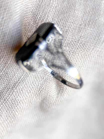 Antique 1920s Art Nouveau Onyx & Diamond Engagement Ring, 14k White Gold • One-of-a-kind Jewelry