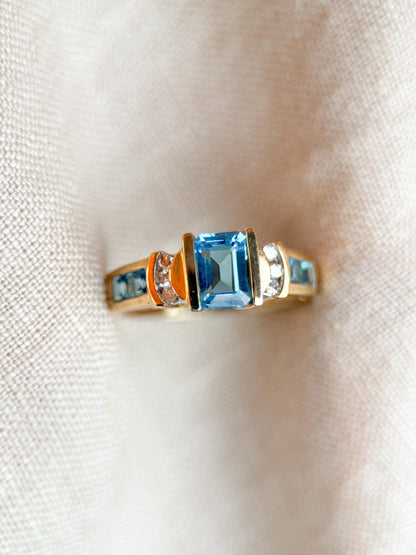 Vintage 1990s Blue Topaz & Diamond Ring, 10k Gold