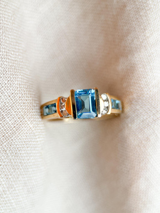 Vintage 1990s Blue Topaz & Diamond Ring, 10k Gold