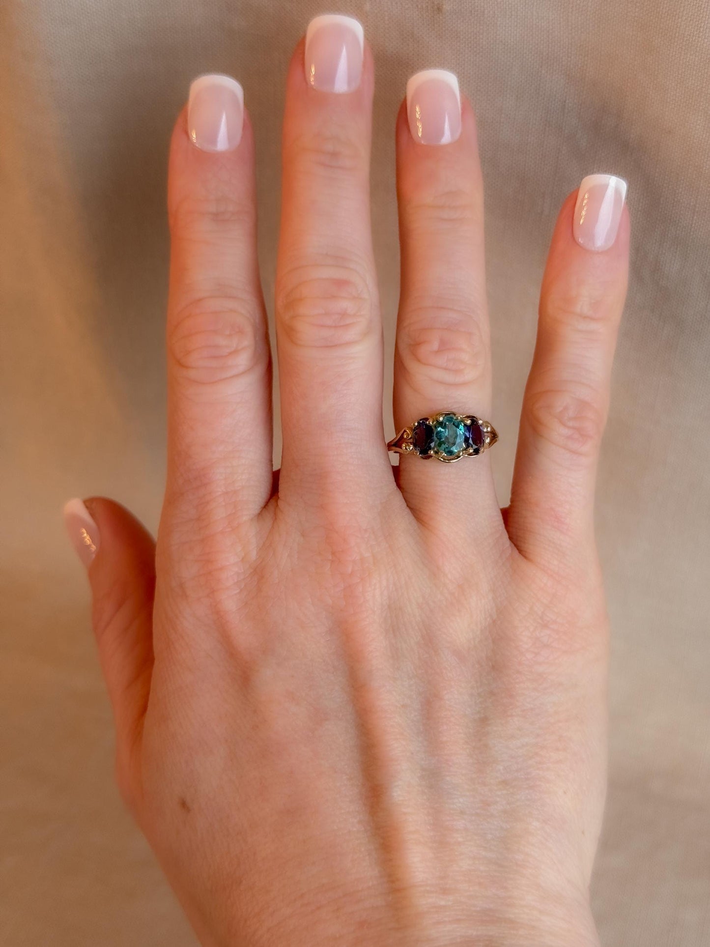 Vintage 1970s Tourmaline & Iolite Three Stone Ring, 10k Gold