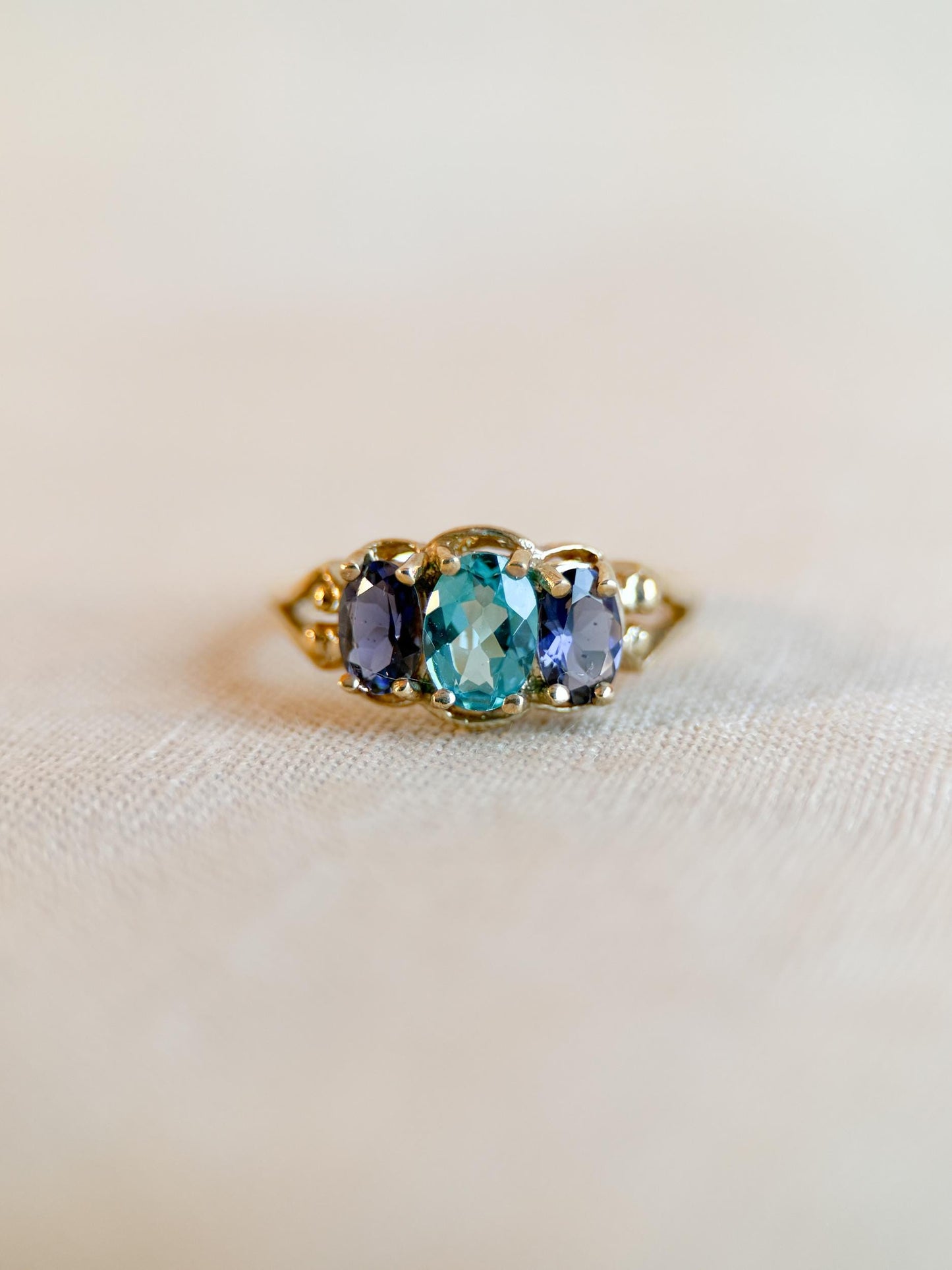Vintage 1970s Tourmaline & Iolite Three Stone Ring, 10k Gold