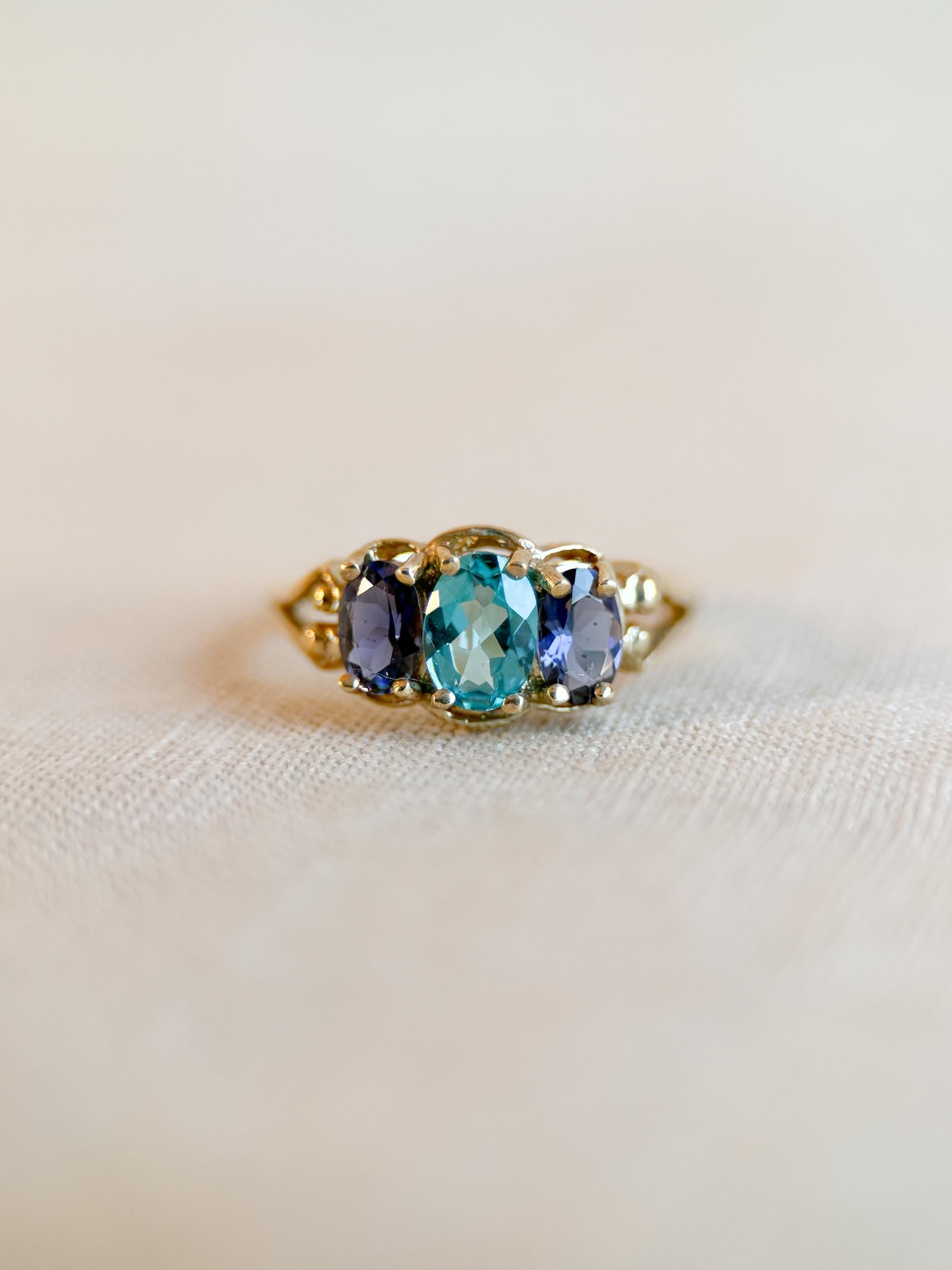 Vintage 1970s Tourmaline & Iolite Three Stone Ring, 10k Gold