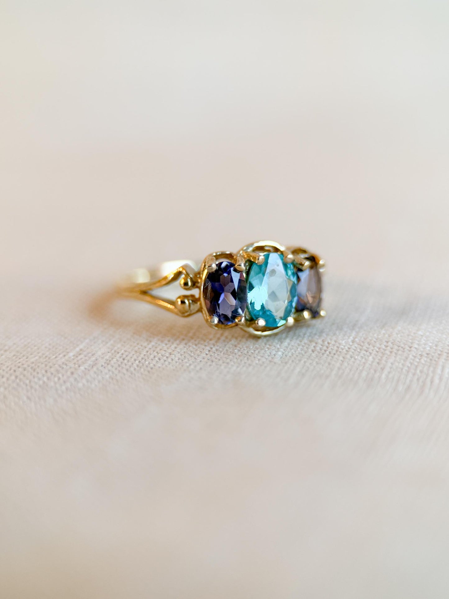 Vintage 1970s Tourmaline & Iolite Three Stone Ring, 10k Gold