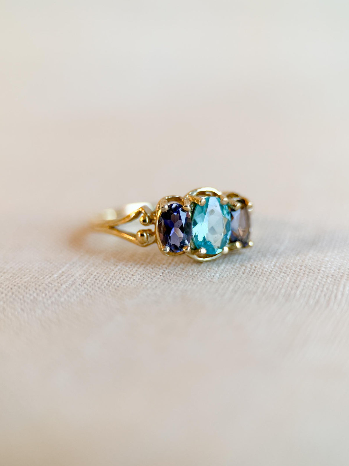 Vintage 1970s Tourmaline & Iolite Three Stone Ring, 10k Gold