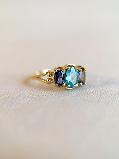 Vintage 1970s Tourmaline & Iolite Three Stone Ring, 10k Gold
