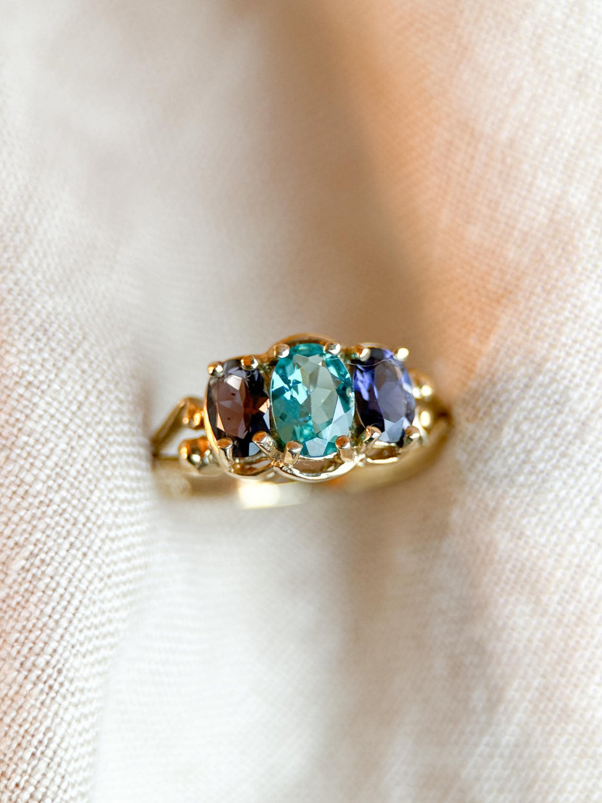 Vintage 1970s Tourmaline & Iolite Three Stone Ring, 10k Gold