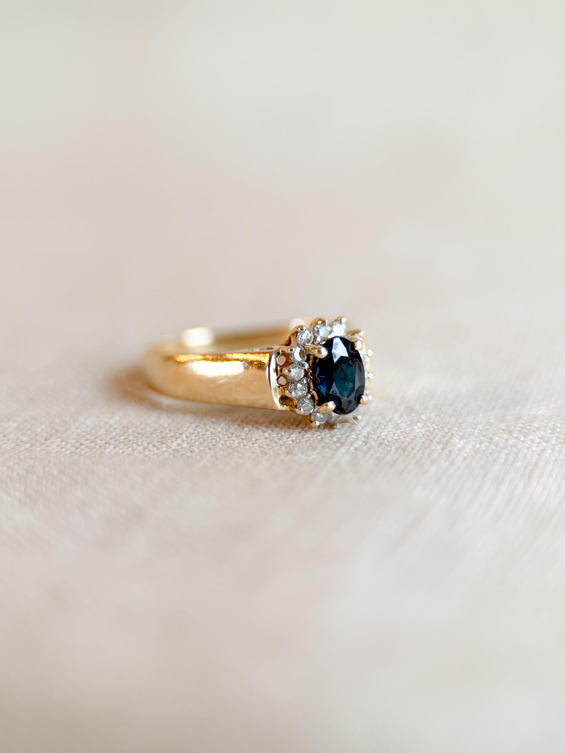 Vintage 1990s Sapphire & Diamond Halo Ring in 14k Gold