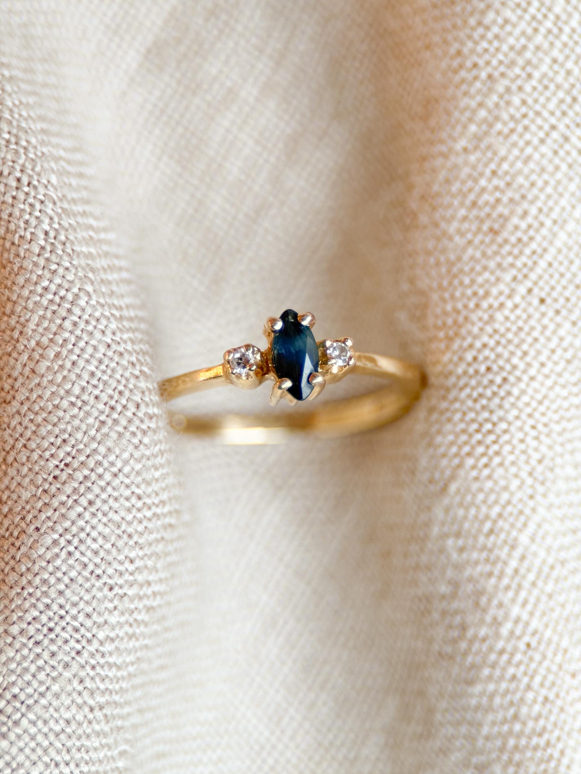 Vintage 1990s Marquise Blue Sapphire Dainty Ring, 14k Gold