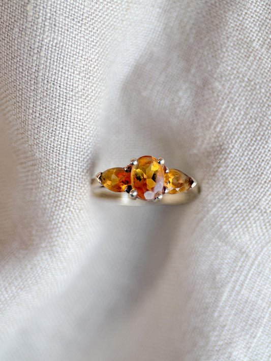 Vintage 1970s Three Stone Citrine Ring in 10k Gold - Timeless Sustainability • Vintage Fine Jewelry