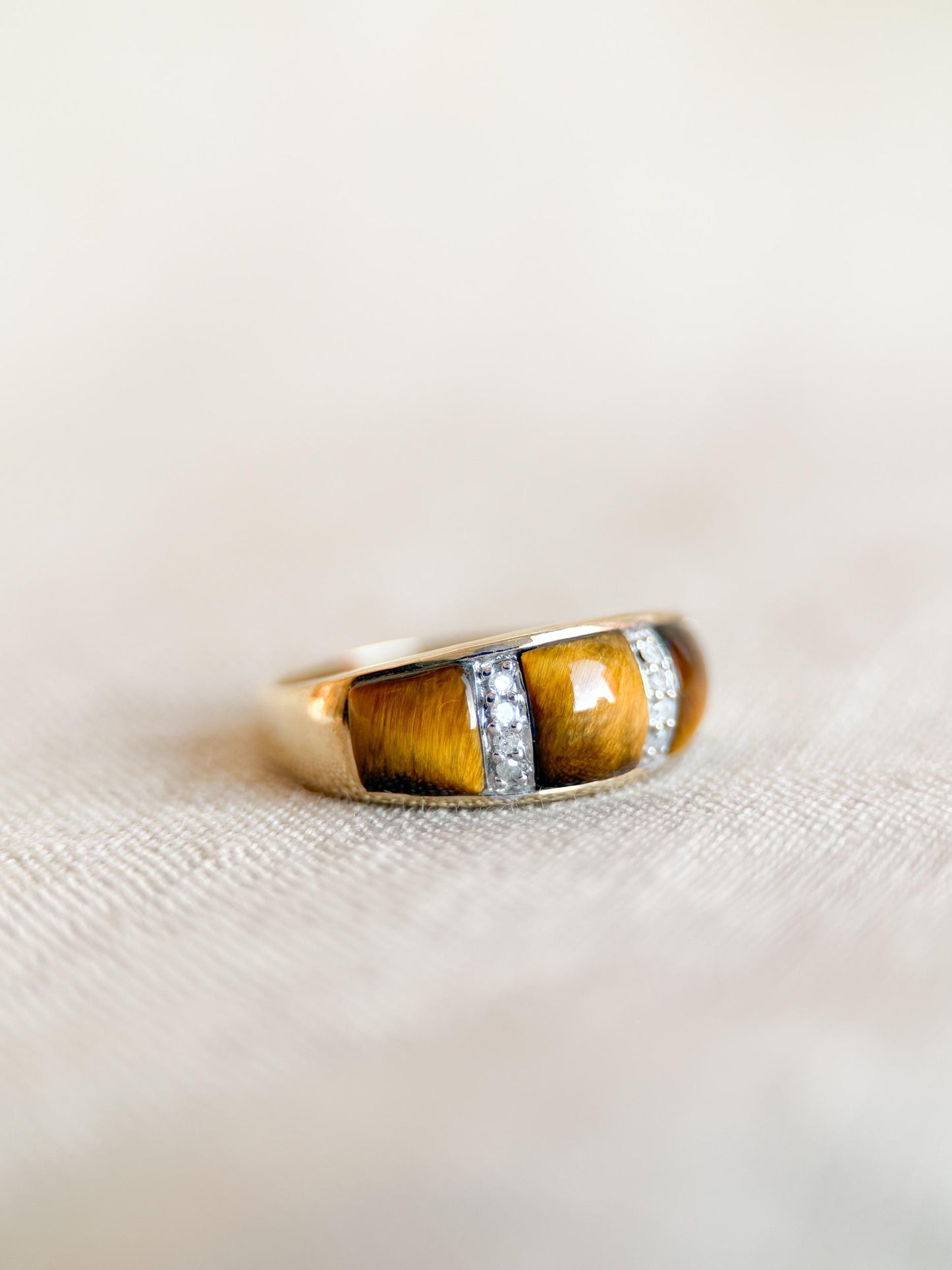 Vintage 1970s Cats Eye & Diamond Band in 10k Gold - Timeless Sustainability • Vintage Fine Jewelry