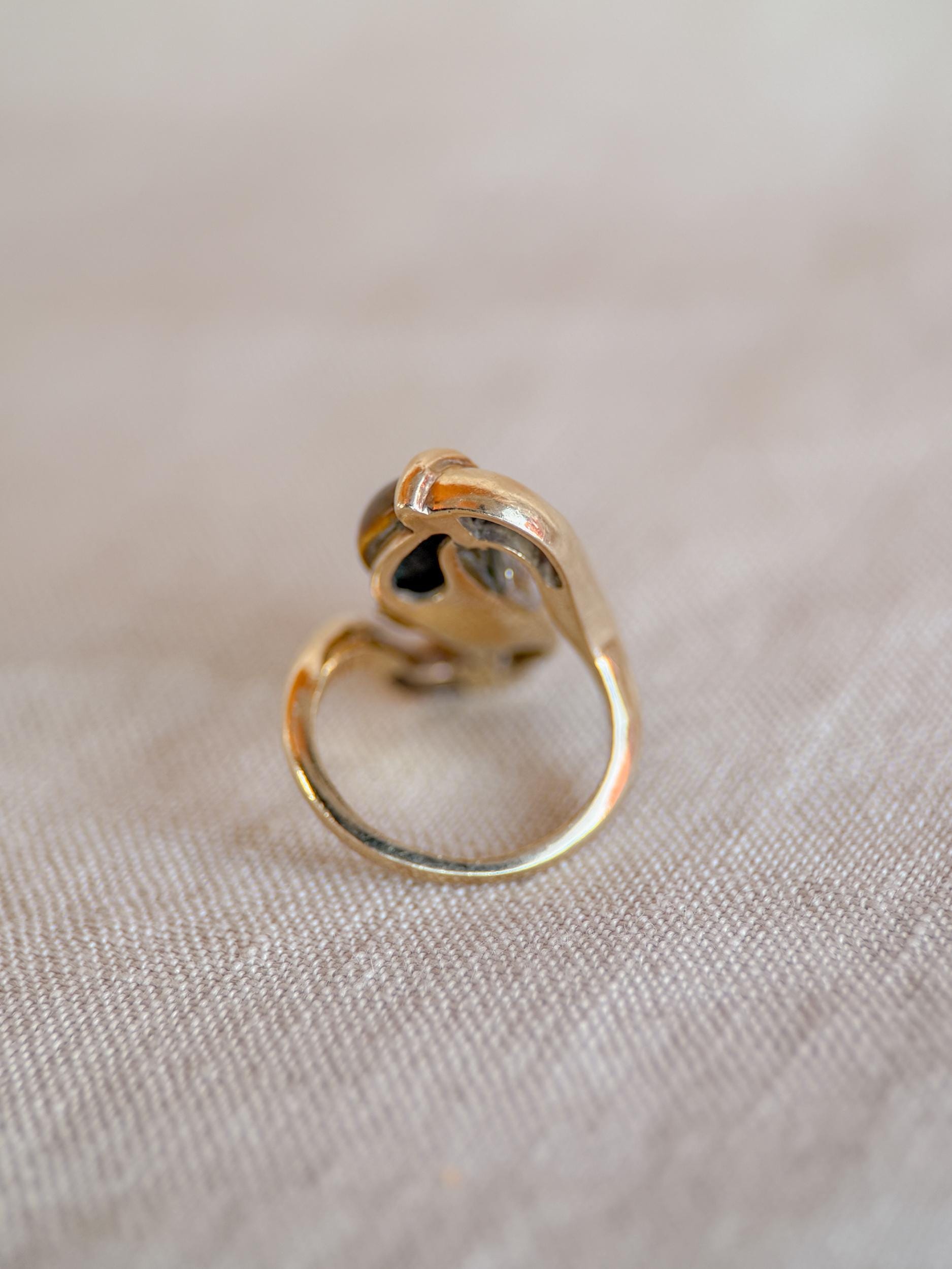 Vintage 1970s Cats Eye & Diamond Ring in 14k Gold - Timeless Sustainability • Vintage Fine Jewelry