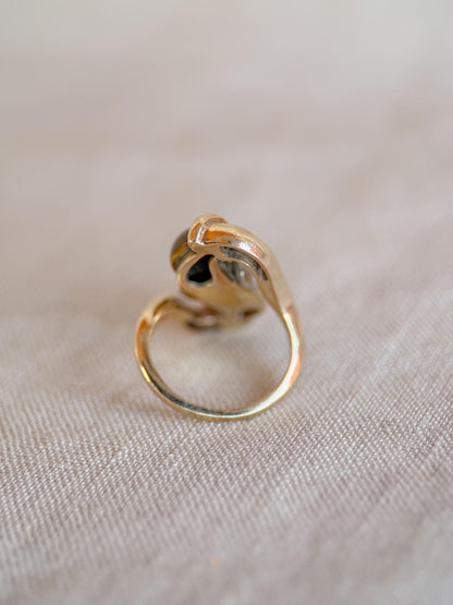 Vintage 1970s Cats Eye & Diamond Ring in 14k Gold