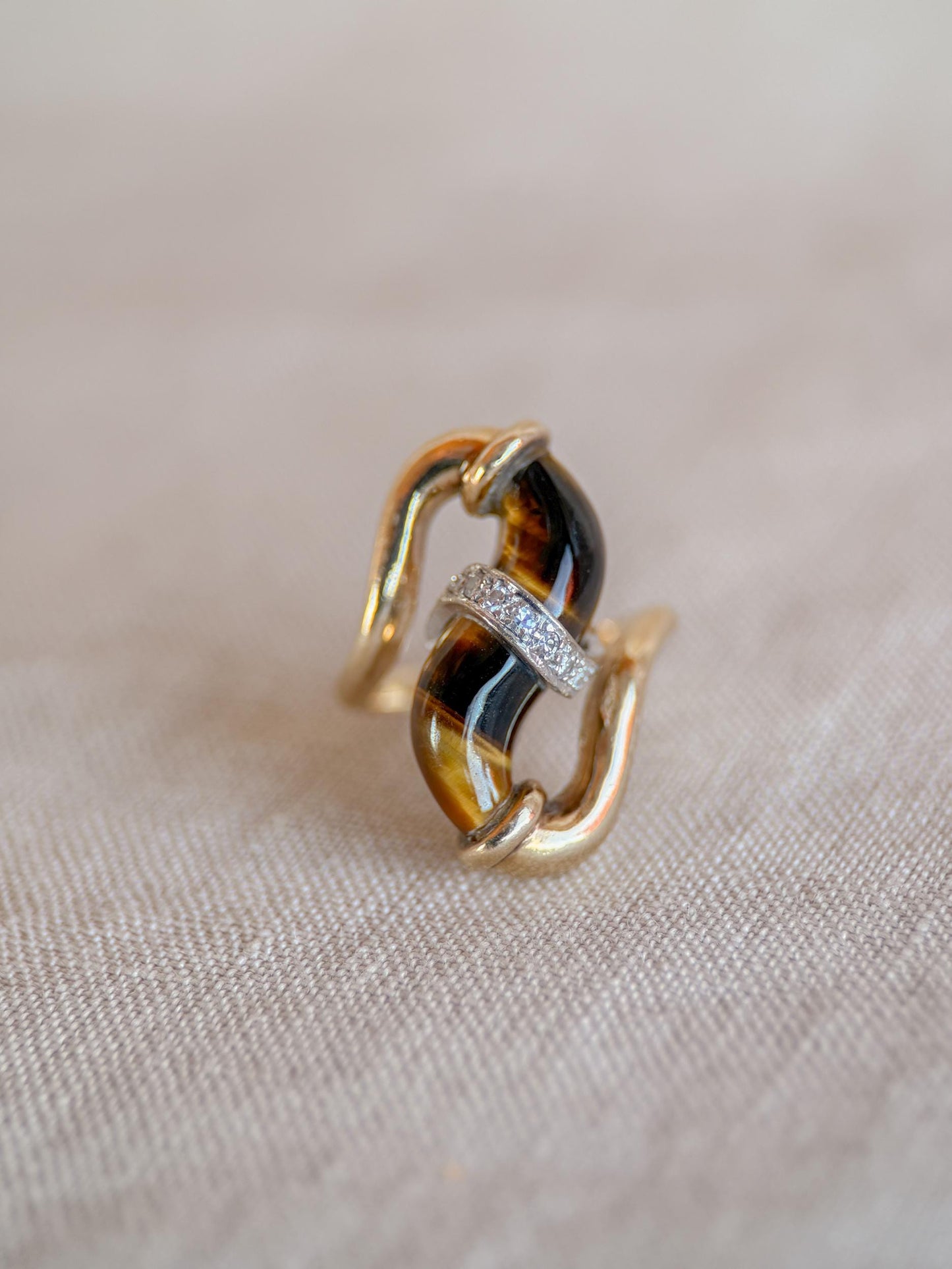 Vintage 1970s Cats Eye & Diamond Ring in 14k Gold - Timeless Sustainability • Vintage Fine Jewelry