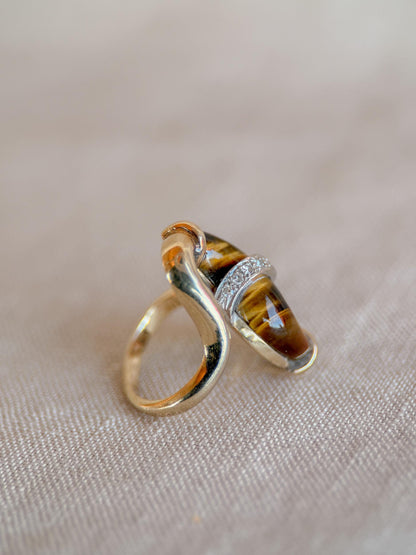 Vintage 1970s Cats Eye & Diamond Ring in 14k Gold