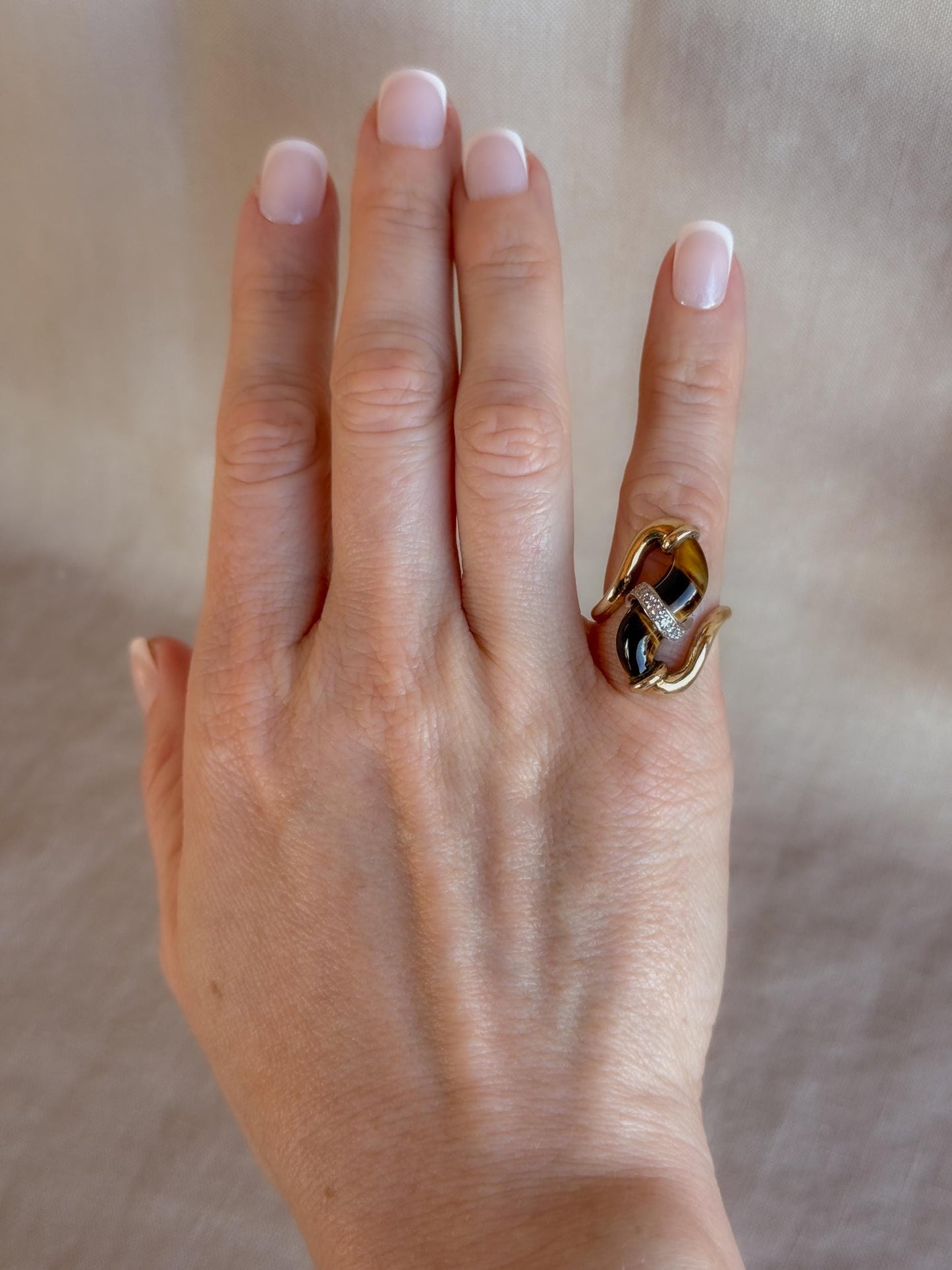 Vintage 1970s Cats Eye & Diamond Ring in 14k Gold - Timeless Sustainability • Vintage Fine Jewelry