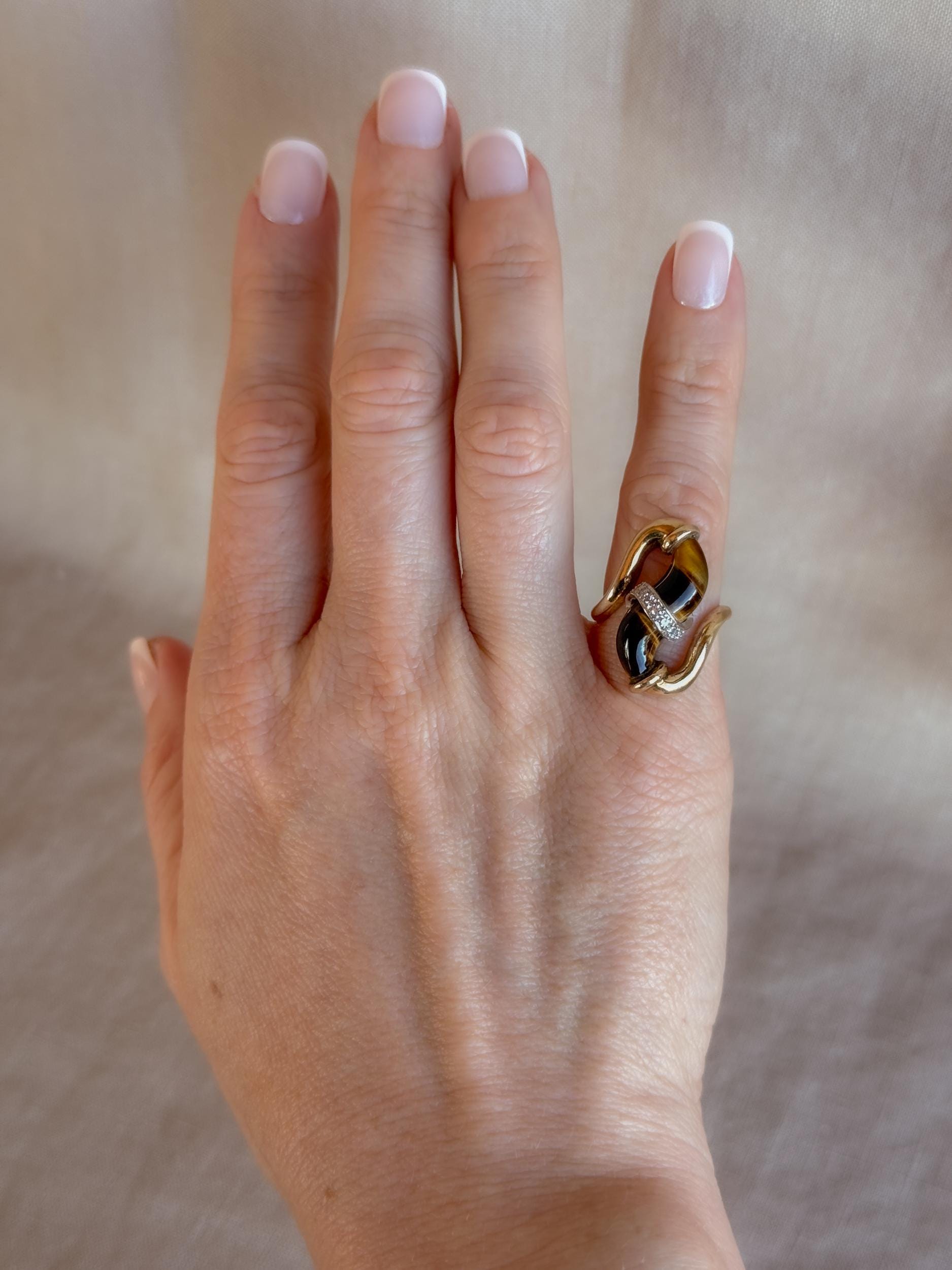 Vintage 1970s Cats Eye & Diamond Ring in 14k Gold - Timeless Sustainability • Vintage Fine Jewelry