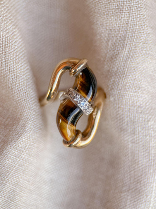 Vintage 1970s Cats Eye & Diamond Ring in 14k Gold - Timeless Sustainability • Vintage Fine Jewelry