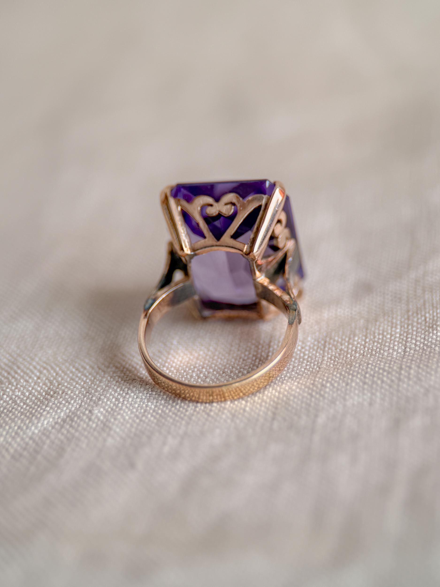 Vintage 1930s Emerald Cut Purple Sapphire Ring, 10k Gold - Timeless Sustainability • Vintage Fine Jewelry
