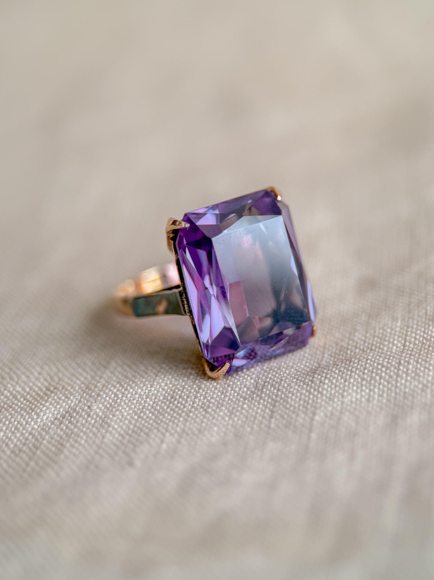 Vintage 1930s Emerald Cut Purple Sapphire Ring, 10k Gold - Timeless Sustainability • Vintage Fine Jewelry