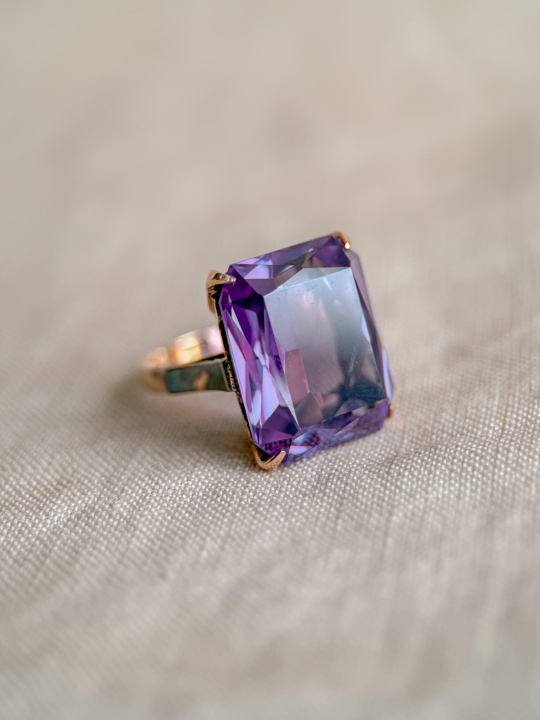 Vintage 1930s Emerald Cut Purple Sapphire Ring, 10k Gold - Timeless Sustainability • Vintage Fine Jewelry