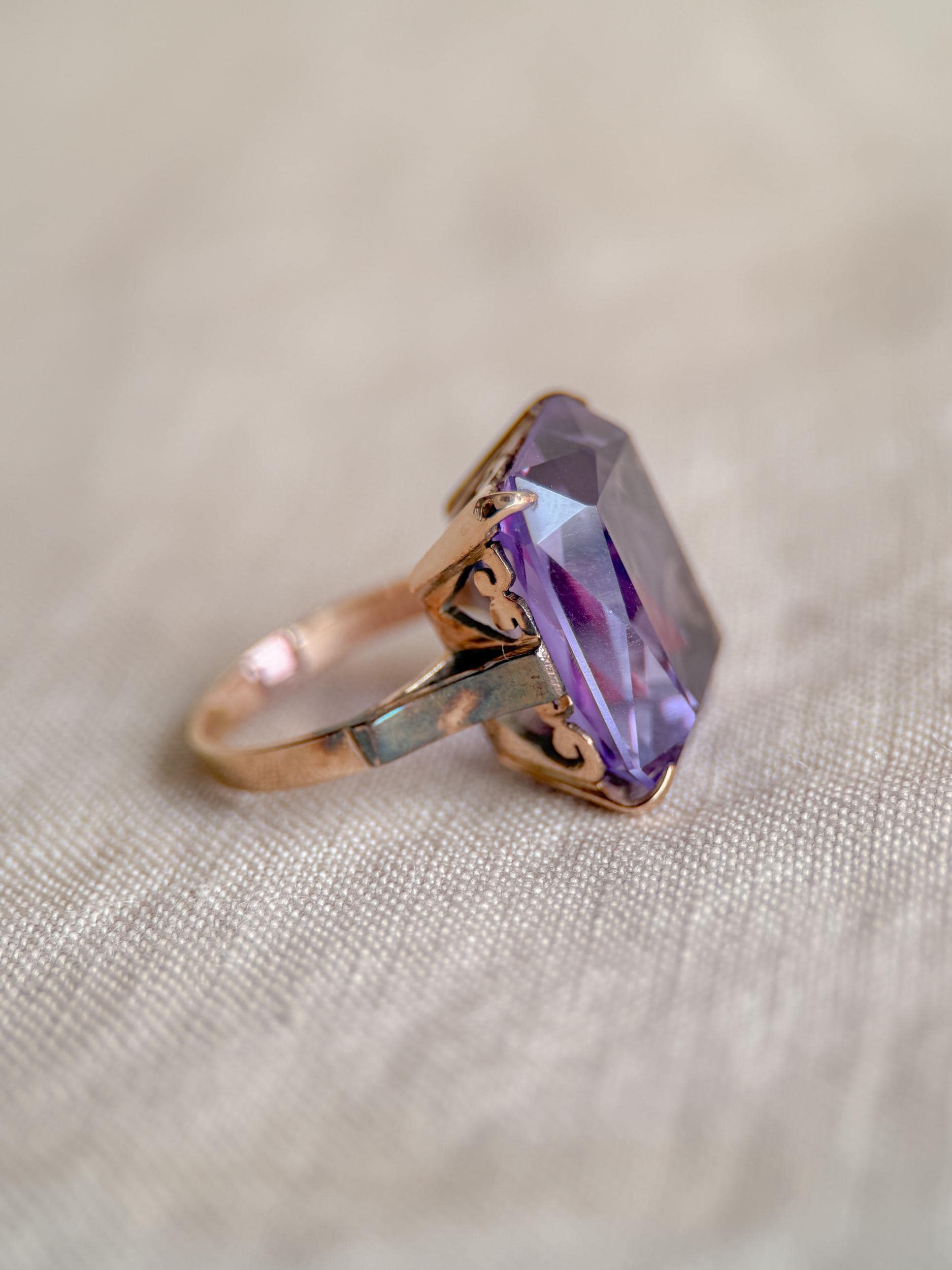 Vintage 1930s Emerald Cut Purple Sapphire Ring, 10k Gold - Timeless Sustainability • Vintage Fine Jewelry