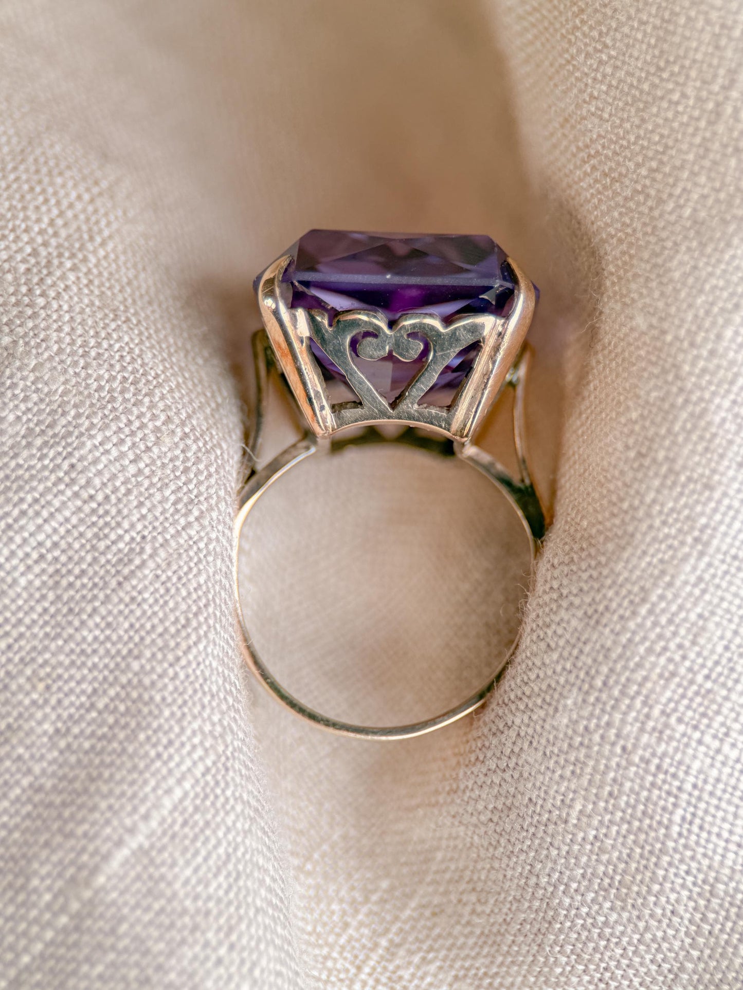 Vintage 1930s Emerald Cut Purple Sapphire Ring, 10k Gold - Timeless Sustainability • Vintage Fine Jewelry