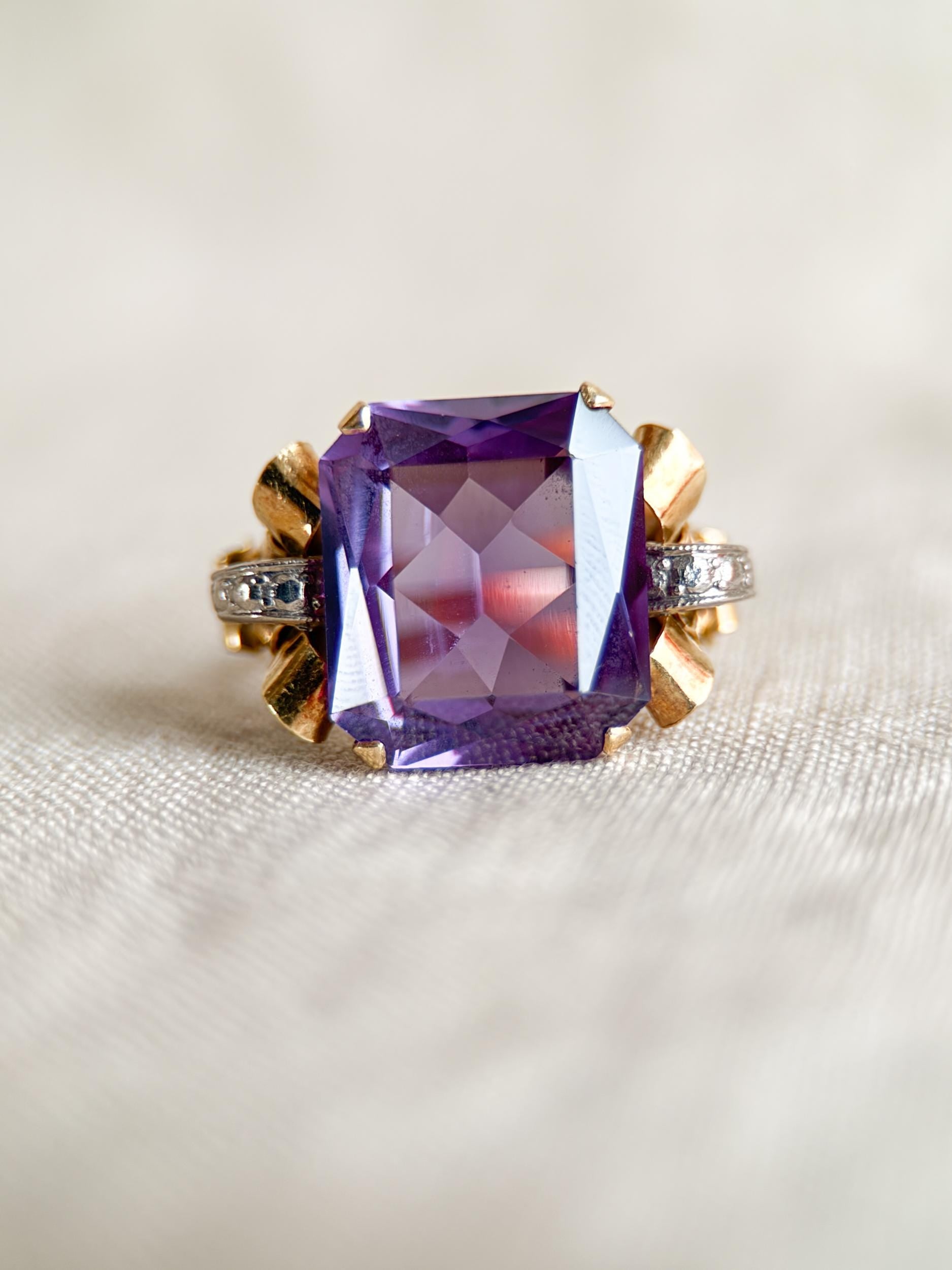 Vintage 1930s Emerald Cut Purple Sapphire Ring, 14k Gold