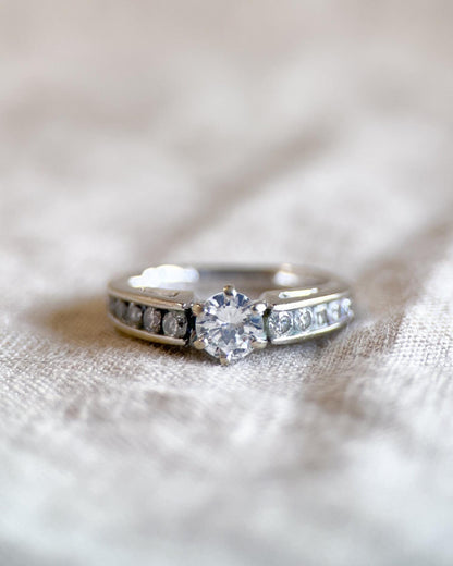 Vintage Diamond Engagement Ring, Round Cut, 14k White Gold, 1990s Channel Set Cathedral