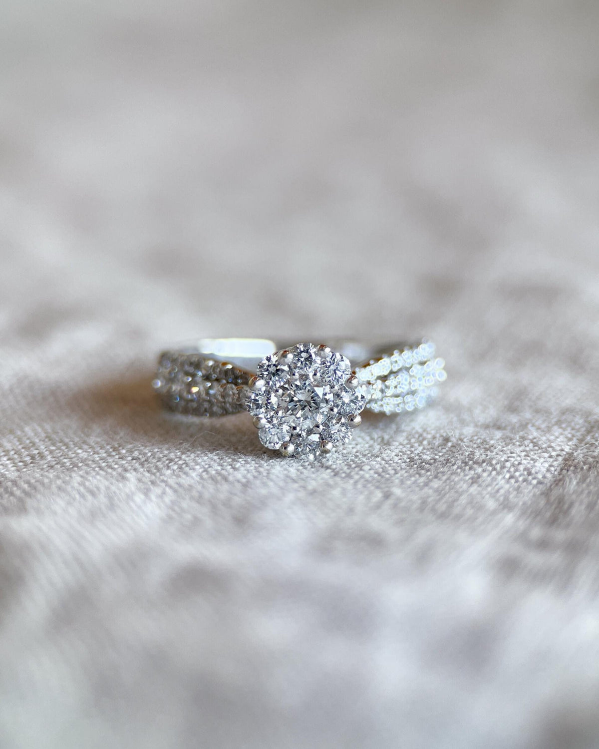 Vintage Diamond Engagement Ring, Round Cut, 14k White Gold, 2000s Halo Prong Setting