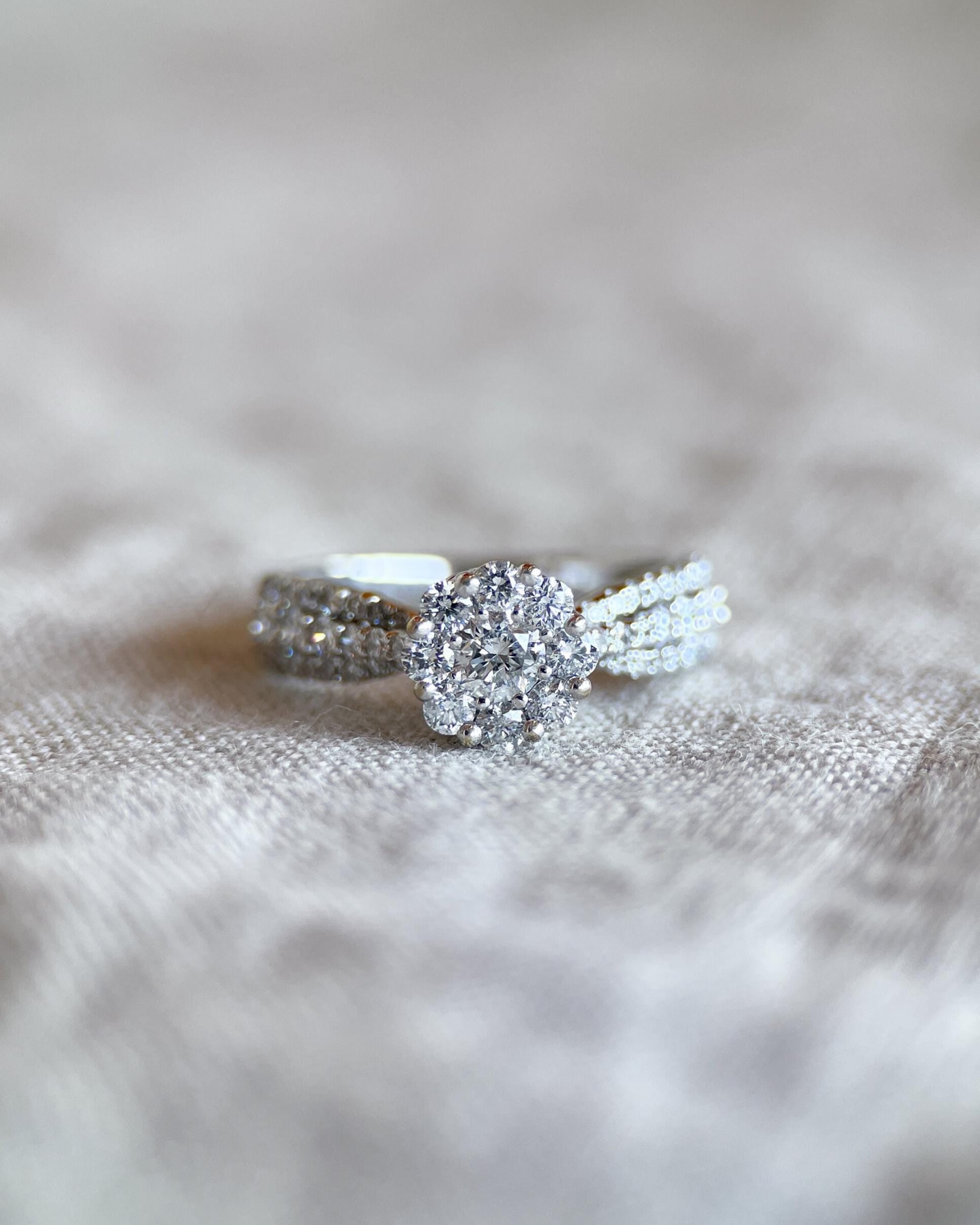 Vintage Diamond Engagement Ring, Round Cut, 14k White Gold, 2000s Halo Prong Setting
